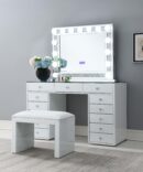 WHITE WOOD GLAMOUR VANITY SET (DRESSER + MIRROR BLUETOOTH SPEAKER WITH LIGHTS)