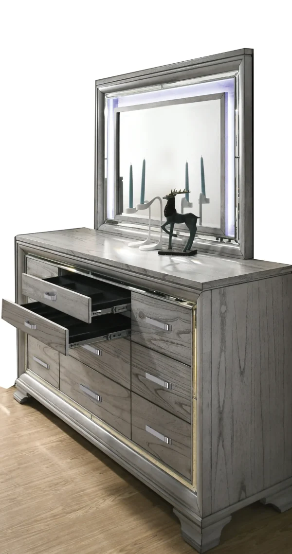 MODERN STYLE BEDROOM IN A GREY FINISH WITH DARK GREY WOOD DRESSER