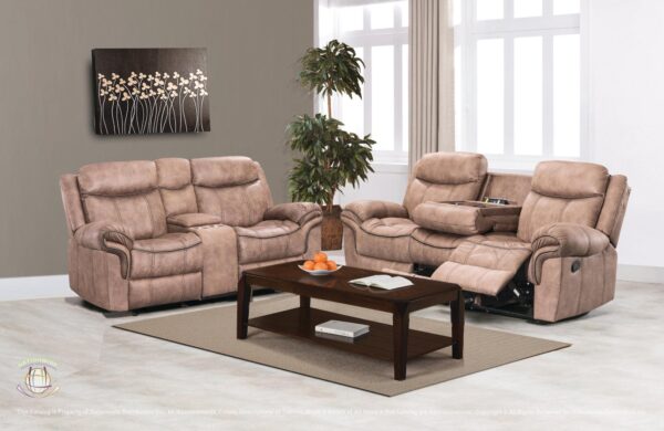 CONTEMPORARY MOTION GROUP IN A SAND COLOR POLISHED MICROFIBER FABRIC WITH BLACK STITCHING HEAVY WELTS