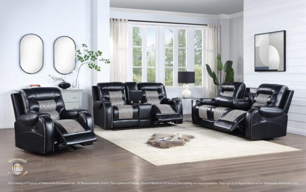 MOTION SET IN A TWO TONE PU COMBINATION OF BLACK WITH GREY QUILTING ON BACKS AND SEATS