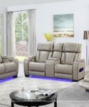 GREY HOME THEATER POWER RECLINING SOFA AND LOVESHEAT WITH BLUTOOTH SPEAKER
